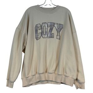 Sunkissed Coconut Tan Cozy Plaid‎ Graphic Oversized Sweatshirt Womens XL Beige